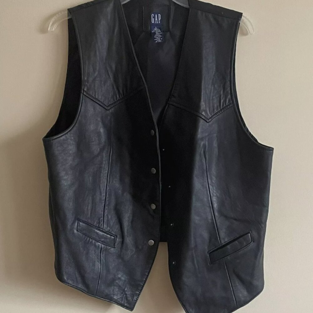 Vintage Gap Black Leather Vest Womens Large 90s Motorcycle Biker Nylon Back
